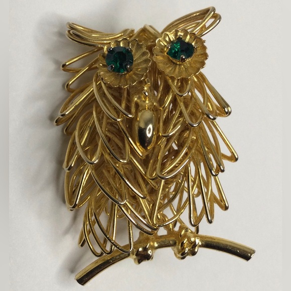 Jewelry | Vintage Direction One Gold Tone Owl With Green Eyes Brooch ...